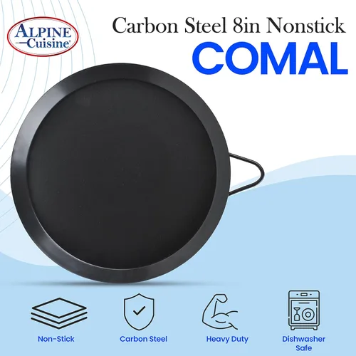 Miniatura 5 de Alpine Cuisine Parrilla redonda antiadherente de 8 pulgadas – Tortilla Comal de acero al carbono negro con un solo mango – Comal duradero