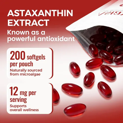 Miniatura 4 de Astaxantina 12 mg, suplementos antioxidantes de astaxantina para inmune, ojos, soporte de piel, sin OMG y sin gluten, 200 cápsulas blandas