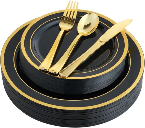 Miniatura 9 de 125 unidades de platos de plástico dorados incluyen 25 platos para cenar, 25 postres desechables y cubiertos desechables dorados, juego de vajilla