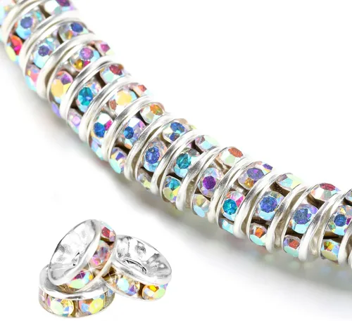 Miniatura 9 de 200 piezas de cuentas espaciadoras de 8 mm, bañadas en plata, con cristal de diamante de imitación, cuentas sueltas para collares, pulseras