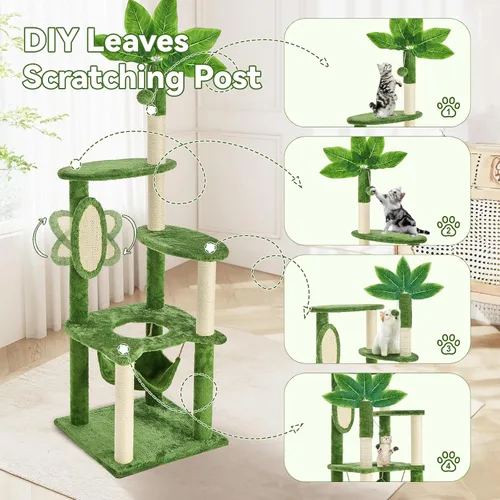 Miniatura 4 de Árbol para gatos de 61 pulgadas con hojas verdes, torre grande de varios niveles con hamaca, casa de felpa para gatos con juguete de bola colgante