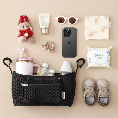 Miniatura 2 de Organizador de cochecito - Elegante nailon acolchado, ajuste universal, bolsa desmontable, almacenamiento múltiple ajustable para cochecito de bebé