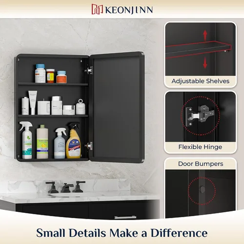 Miniatura 8 de Keonjinn Gabinetes de medicina delgados negros de 15 x 36 pulgadas, botiquín lateral estrecho para baño con espejo, marco de acero inoxidable