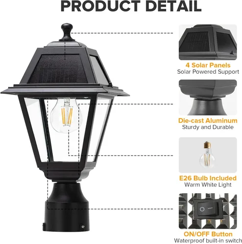 Miniatura 4 de LUTEC Luz de Poste Solar LED, Luz de Poste de Lámpara Solar de Aluminio Fundido, Cabezal de Luz de Poste Impermeable del Atardecer al Amanecer, 200