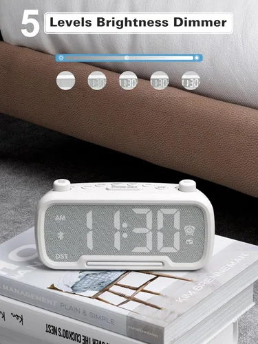 Miniatura 6 de Mesqool Reloj despertador con altavoz Bluetooth, radio FM, reloj despertador para dormitorio con cargadores USB, atenuador y 12/24 horas, Blanco