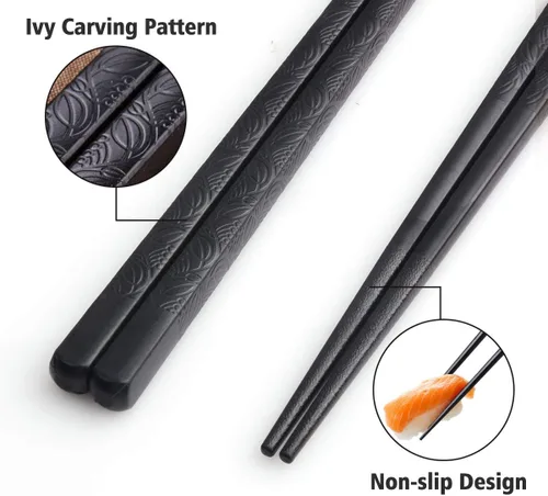 Miniatura 2 de GLAMFIELDS 10 pares de palillos de fibra de vidrio - palillos reutilizables para sushi y comida, aptos para lavavajillas, 9.5 pulgadas - Flor negra