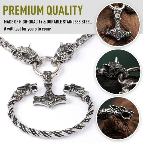 Miniatura 6 de VikingsBrand Handmade Stainless Steel Thors Hammer Necklace with Wolf Heads Mjolnir Pendant Viking Gifts for Men Norse Jewelry for Men Authentic