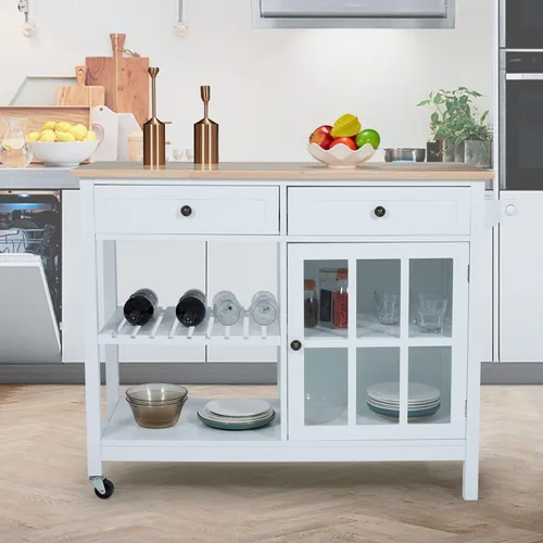 AVAWING Carrito de isla de cocina rodante con almacenamiento, carrito de cocina de 42 pulgadas de ancho con 2 ruedas, carrito de café con cajones y