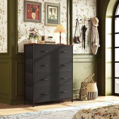 Miniatura 2 de WLIVE Cómoda alta de tela con 8 cajones, torre de almacenamiento con cubos de tela, cómodas dobles, cajonera para armario, dormitorio, sala de Negro