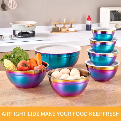 Miniatura 6 de Tazones de Mezcla Arcoíris con Tapas Herméticas, Tazón de Acero Inoxidable, Ensaladeras 7 Piezas de Tazones Anidables Arcoíris Accesorios de Cocina