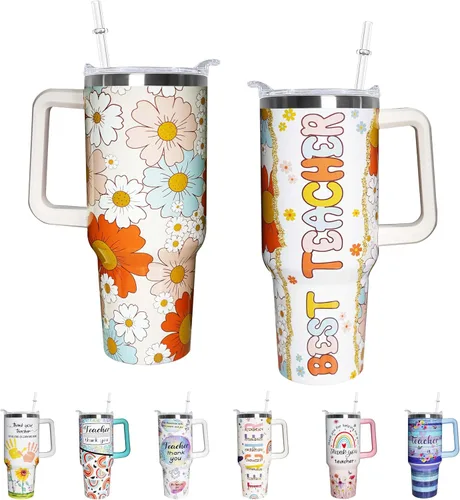 Miniatura 9 de Vaso de 40 onzas con asa de 40 onzas con diseño de mariposa morada con tapa, popote con doble aislamiento, taza de café de viaje, regalo de mariposa