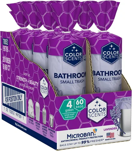 Miniatura 13 de Bolsas de basura pequeñas de Color Scents - 4 galones, 480 bolsas en total (8 paquetes de 60 unidades), cierre de solapa - Bolsa lavanda con aroma a
