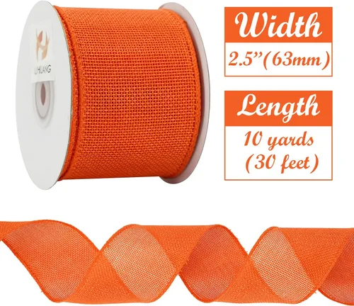 Miniatura 2 de HUIHUANG Cinta de arpillera naranja con alambre sólido con borde con cable, cinta de yute de 2.5 pulgadas para coronas, lazos grandes, manualidades