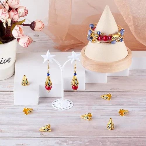 Miniatura 3 de Pandahall - 10 tapas de cuentas de aleación esmaltadas de 4 pétalos, 0.709 x 0.472 in, espaciadores florales dorados, cuentas de cono sueltas