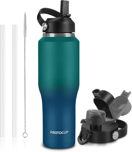 Miniatura 11 de ABOTOCUP Botella de agua de 40 onzas, botella de agua aislada con asa y tapas con popote, botella de agua de acero inoxidable que cabe en cualquier
