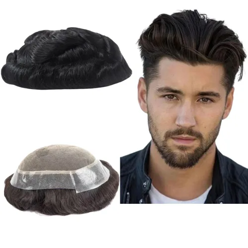 Toupee - Pelucas de cabello humano para hombre, tupé europeo virgen, unidades de cabello humano ondulado, peluca para hombre, sistema de reemplazo