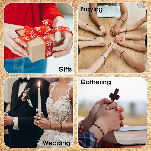 Miniatura 6 de Otuuz 24 pulseras de rosario católico negro hechas a mano con cruz de rosario para hombres y mujeres, 10 nudos con recuerdos de mano de bautizo