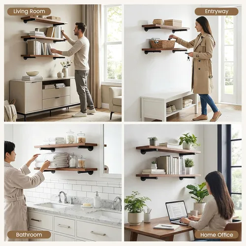 Miniatura 7 de Soportes industriales de tubo de hierro negro para estantes de montaje en pared, soportes para estanterías de bricolaje, decoración de tubería