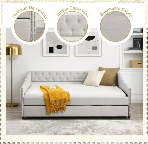 Miniatura 3 de Sofá cama matrimonial con nido, marco de cama moderno de madera con botón copetudo y cabeza de clavos, sofá cama tapizado con nido extraíble