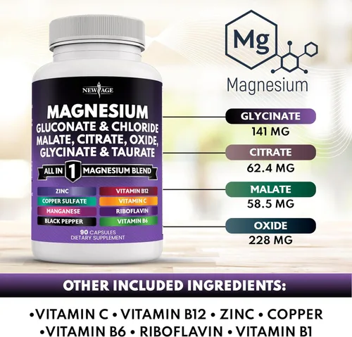 Miniatura 3 de NEW AGE Suplemento de Magnesio - Potente Glicinato Citrato Malato Óxido Taurato Aspartato Gluconato Orotato y Cloruro de Mag Manganeso, Soporte