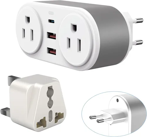Adaptador de enchufe de viaje europeo para Europa y Reino Unido, cargador rápido PD de 20 W con 2 tomacorrientes, 3 puertos de carga USB, adaptador