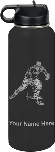 Miniatura 21 de LaserGram Botella de agua personalizada, jugador de hockey, acero inoxidable de doble pared aislada al vacío con popote superior, regalo grabado