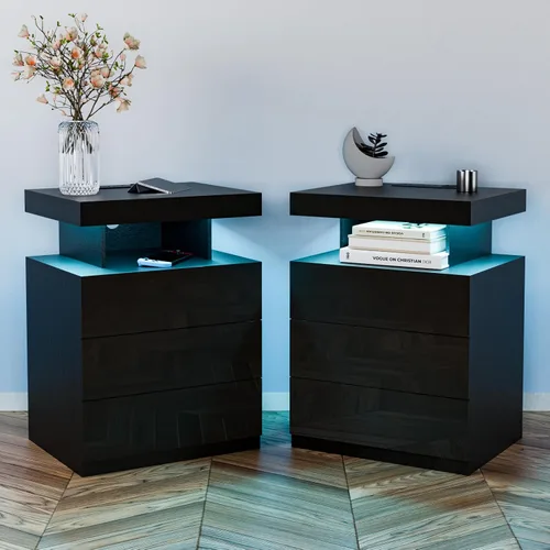 Miniatura 21 de HOMMPA Mesita de noche negra con estación de carga inalámbrica, mesita de noche de alto brillo con 3 cajones, mesa auxiliar con carga USB tipo C