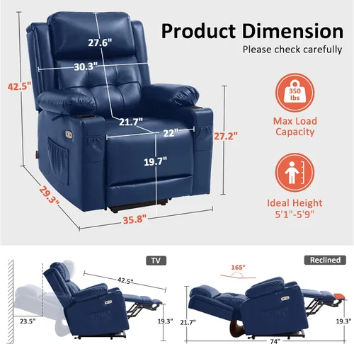 Miniatura 3 de MCombo Lay Flat 7661 - Silla reclinable con triple motor y calefacción y masaje, reposacabezas ajustable para personas mayores, posición infinita
