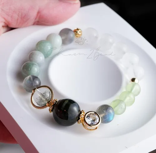 Miniatura 141 de Precious Gemstone Natural Crystal Healing Bracelet, Rutilated Quartz, Moonstone, Quartz Handmade Original Design Bracelet