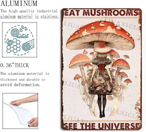 Miniatura 5 de Letrero retro de hojalata con texto en inglés "Eat Mushrooms See The Universe for Kitchen Bar Garage Decor 8.00"x12.00