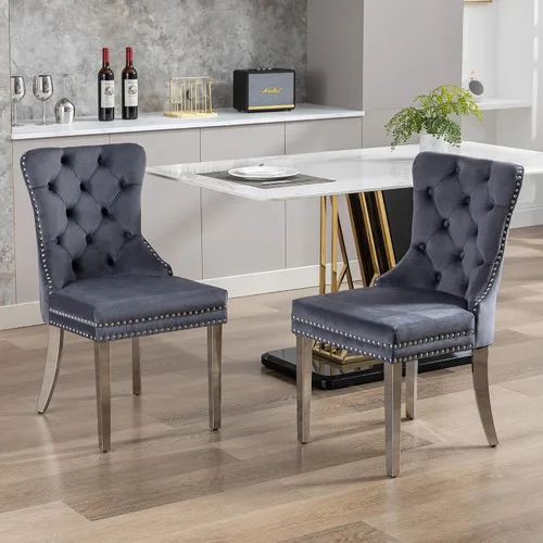 Miniatura 21 de KCC Nikki Collection - Juego de 4 sillas de comedor de terciopelo tapizadas de alta gama con anillo trasero de clavo, patas de madera maciza