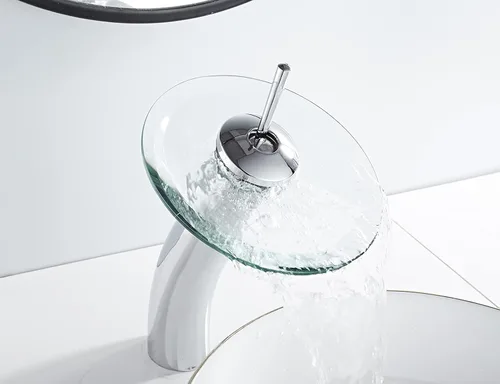 Miniatura 5 de Grifo de recipiente de baño, caño de vidrio en cascada, latón macizo, lavabo, lavabo, grifo de tocador cromado de una sola manija, fregadero de Cromo