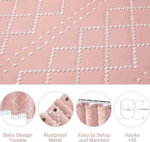 Miniatura 6 de Siiluminisoy Cortina de ducha bohemia rosa con textura y borlas de 72 x 72 pulgadas con tul, cortina de ducha de chenilla tejida con rayas chevrón