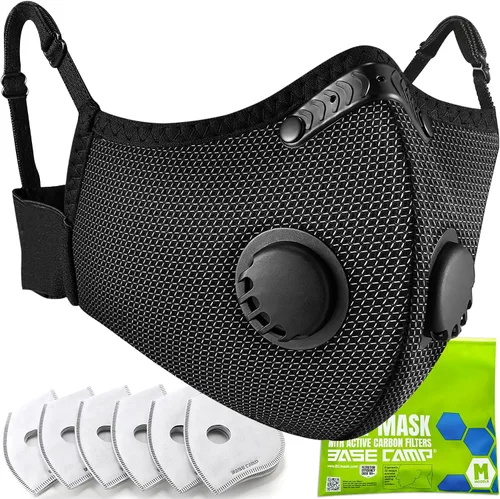 BASE CAMP Máscara de polvo M Plus de plata y negro, con 6 filtros de carbón activado, reutilizable, máscara facial con respirador, máscaras de 1