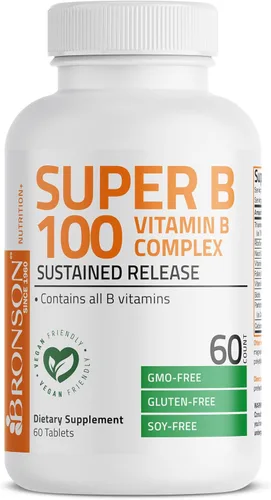 Miniatura 5 de Bronson Super B100 Complejo de Vitamina B de liberación sostenida contiene todas las vitaminas B (vitamina B1, B2, B3, B6, B9 - ácido fólico, B12)