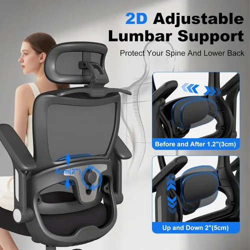 Miniatura 6 de Silla de oficina ergonómica, silla de escritorio con respaldo alto con brazos abatibles, reposacabezas, soporte lumbar ajustable, bloqueo