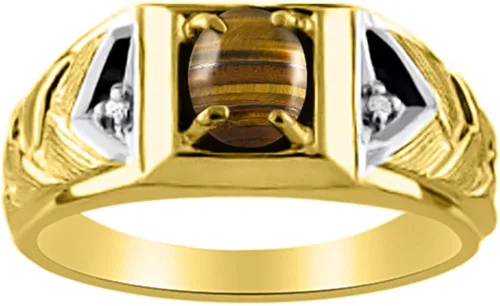 Miniatura 2 de Rylos Anillos para hombre, oro blanco de 14 quilates, anillo de diamante y ojo de tigre de 0.276 x 0.197in, anillos de piedras preciosas