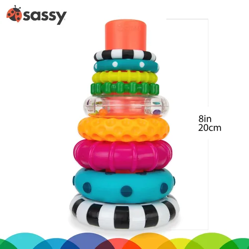 Miniatura 10 de Anillo de apilado de pilas de círculos de Sassy, juguete de aprendizaje STEM, a partir de 6 meses, multicolor, juego de 9 piezas