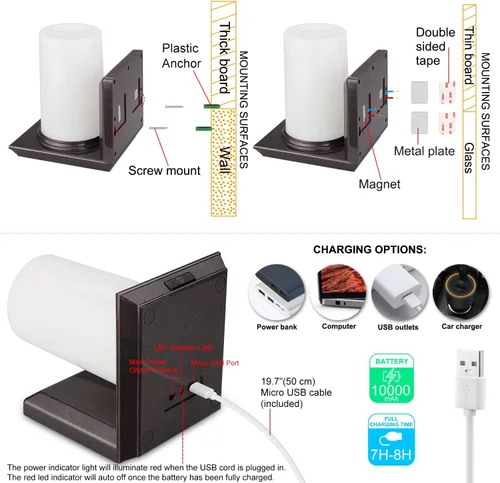 Miniatura 6 de HONWELL Lámpara de pared LED con batería para interiores, multicolor, aplique de pared para iluminación de habitación, luces de palo para hotel