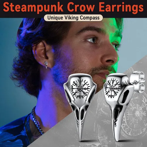 Miniatura 4 de FaithHeart Viking Raven Earrings for Men Sturdy Stainless Steel Punk Rock Earrings Lightweight Hypoallergenic Ear Jewelry with Gift Box