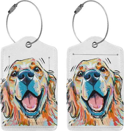 Miniatura 3 de Etiquetas de cuero para equipaje de perro Golden Retriever de acuarela para maletas con lazo de acero inoxidable, cubierta de privacidad completa