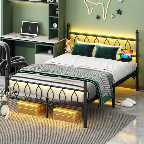 Miniatura 8 de Marco de Cama Tamaño Full con Cabecero, Marco de Cama Plataforma de Metal Negro Tamaño Full con Estación de Carga y Luces LED, Almacenamiento Bajo