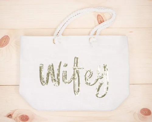 Miniatura 5 de ELEGANTPARK Bolsa de yute con bolsillo interior de lentejuelas doradas, regalo para novia, luna de miel, boda, playa, bolsa de yute con lentejuelas
