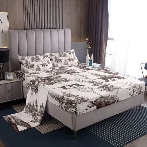 Juego de ropa de cama de oso tamaño individual con diseño de osos y ramas de árbol genealógico, sábana bajera ajustable con diseño de árboles con