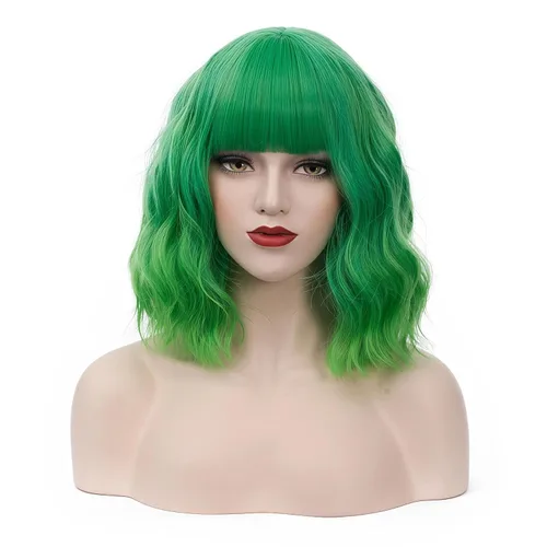 Miniatura 24 de BUFASHION Peluca rizada corta ondulada de 14 pulgadas para mujer, peluca sintética para cosplay, Halloween, peluca con flequillo lateral (negro)