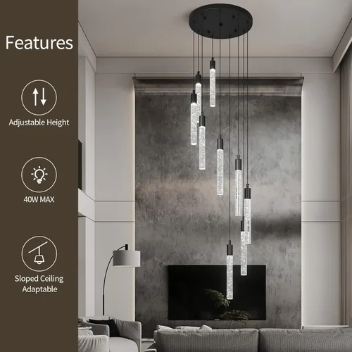 Miniatura 2 de Candelabro moderno de 9 luces para sala de estar, lámparas colgantes de techo de cristal negro, LED, regulables, 54 W, 6000 K, escaleras, grandes