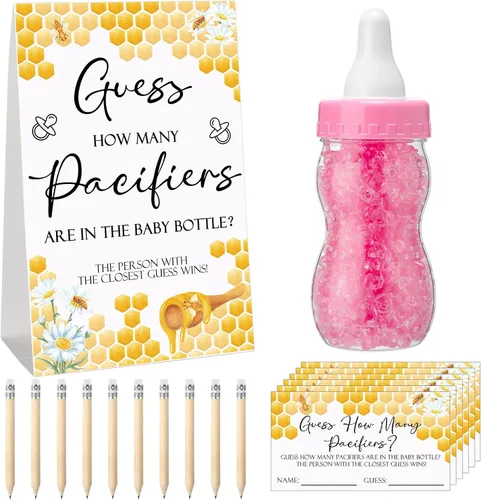 Miniatura 10 de Roowest 512 piezas de juegos de baby shower Adivina cuántos chupetes letrero, 100 pequeños juegos de adivinanzas, 10 lápices HB, botella de leche