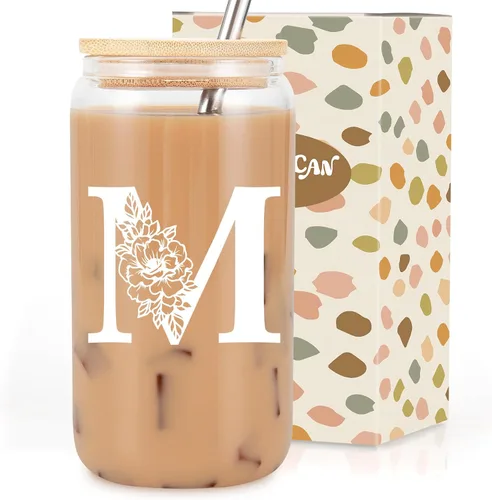 Taza de Vidrio Inicial Coolife, Regalos Personalizados para Mujeres, Tazas de Vidrio de 16 oz con Tapas y Popotes, Jarra de Cerveza de Vidrio con