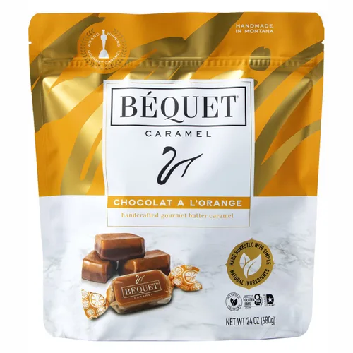 Béquet Caramelo – Chocolat A L'Orange – Caramelo envuelto individualmente – Hecho en Montana – Kosher (Estrella D) y sin gluten – Bolsa resellable