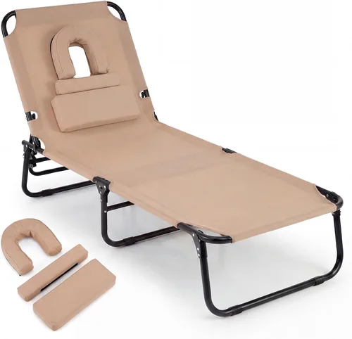 COSTWAY Silla de bronceado con agujero facial, almohadas y respaldo ajustable de 4 posiciones, portátil con bolsa de transporte, tumbona de playa